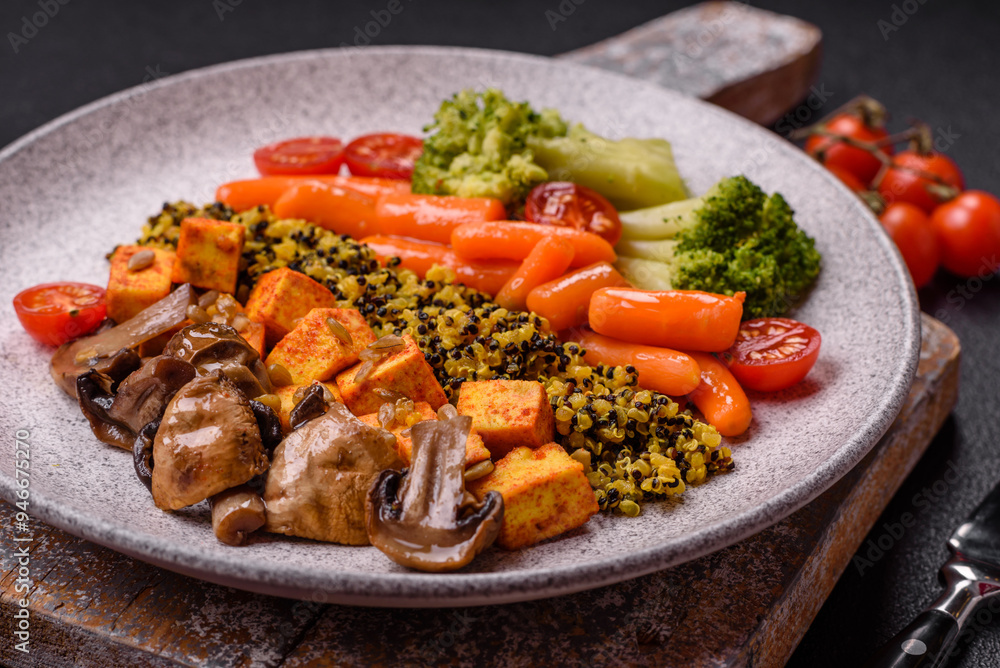 Colorful vegan vegetarian dish consists of tofu, broccoli, quinoa, mushrooms Colorful vegan vegetarian dish consists of tofu, broccoli, quinoa, mushrooms