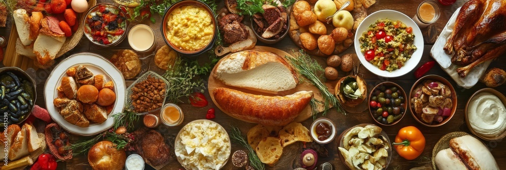 A table laden with an abundance of food, showcasing a variety of cuisines, textures, and colors, symbolizing celebration, community, and the joy of sharing a meal. A table laden with an abundance of food, showcasing a variety of cuisines, textures, and colors, symbolizing celebration, community, and the joy of sharing a meal.