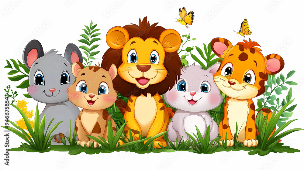 Fototapeta premium Animal Grass Cartoon: Fun and Colorful Cartoon Wildlife, Jungle, safari animals , Illustration 