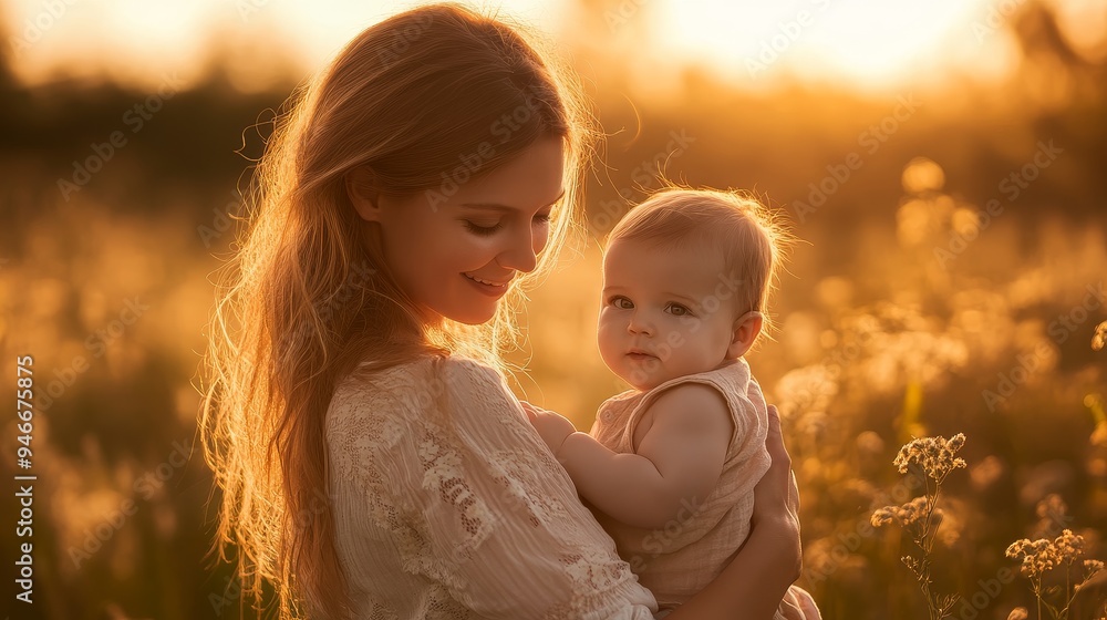 A tender moment captured between a mother and her baby, symbolizing love, protection, motherhood, nature, and joy. The soft light of the setting sun bathes them in warmth, highlighting the bond they s A tender moment captured between a mother and her baby, symbolizing love, protection, motherhood, nature, and joy. The soft light of the setting sun bathes them in warmth, highlighting the bond they s