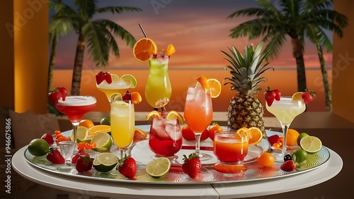 Party cocktails and longdrinks garnished with fruits for summer photo