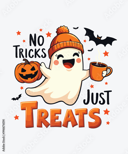 No Tricks Just  Treats Design, Spooky Teacher Halloween, Hand-Drawn Vector Art Illustration