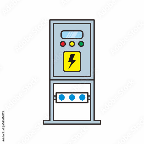 Single icon of an electrical temporary distribution board panel. Vector illustration of power source with safety sign of electric hazard and indicator lamp.