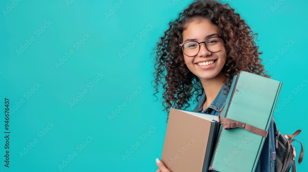 Smiling young woman with curly hair, glasses, holding educational books, against a vibrant aqua background, copy space Smiling young woman with curly hair, glasses, holding educational books, against a vibrant aqua background, copy space