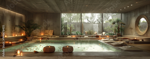 Wallpaper Mural Luxurious indoor spa with a serene pool, candles, and comfortable seating surrounded by greenery. Soft lighting and tranquil ambiance create a relaxing retreat Torontodigital.ca