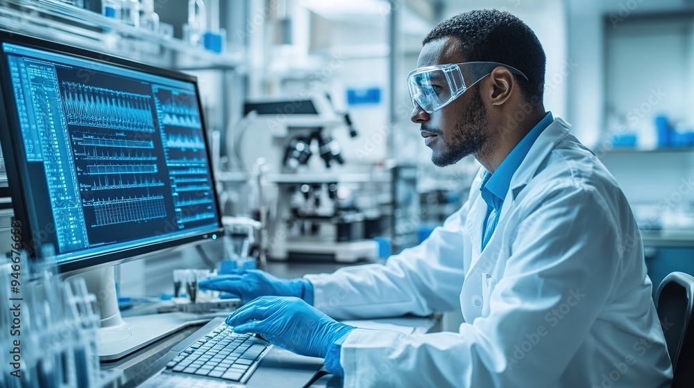 A researcher in a laboratory, meticulously examining data on a computer screen, wearing safety goggles and gloves, with laboratory equipment in the background A researcher in a laboratory, meticulously examining data on a computer screen, wearing safety goggles and gloves, with laboratory equipment in the background