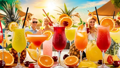 Party cocktails and longdrinks garnished with fruits for summer photo