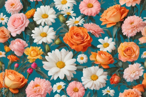 vibrant floral pattern with daisies and marigolds 