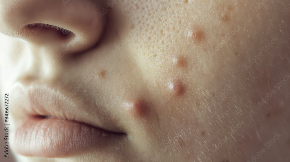 Closeup of a person's cheek with acne and visible pores. Detailed view of skin texture and lips Closeup of a person's cheek with acne and visible pores. Detailed view of skin texture and lips