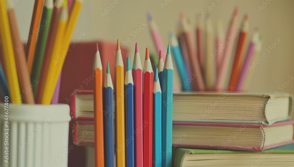Soft ivory background with books and pencils, ideal for a clean and inviting educational promo Soft ivory background with books and pencils, ideal for a clean and inviting educational promo