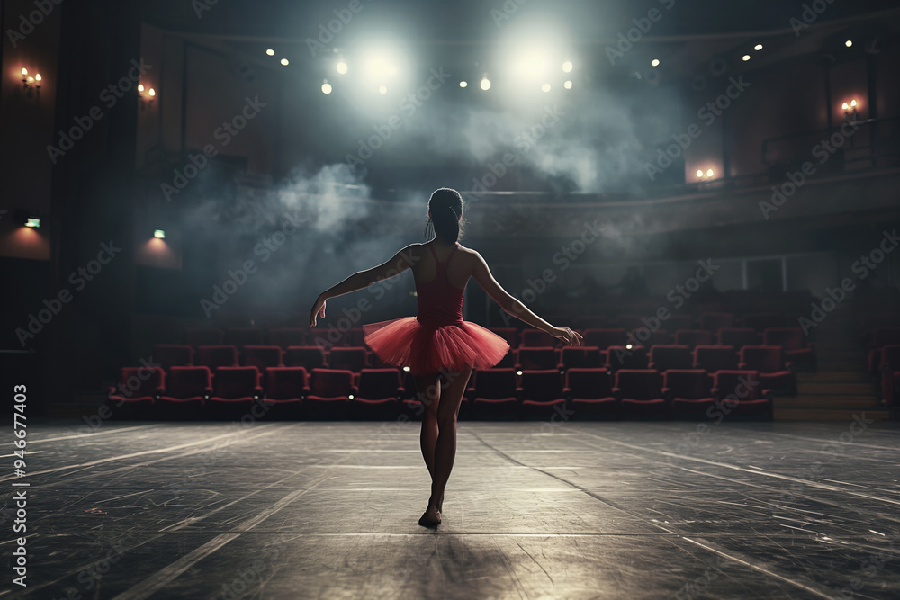Ballerina in a red tutu standing on an empty, dimly lit stage with a smoky atmosphere. Her poised stance and the dramatic lighting emphasize grace and anticipation Ballerina in a red tutu standing on an empty, dimly lit stage with a smoky atmosphere. Her poised stance and the dramatic lighting emphasize grace and anticipation