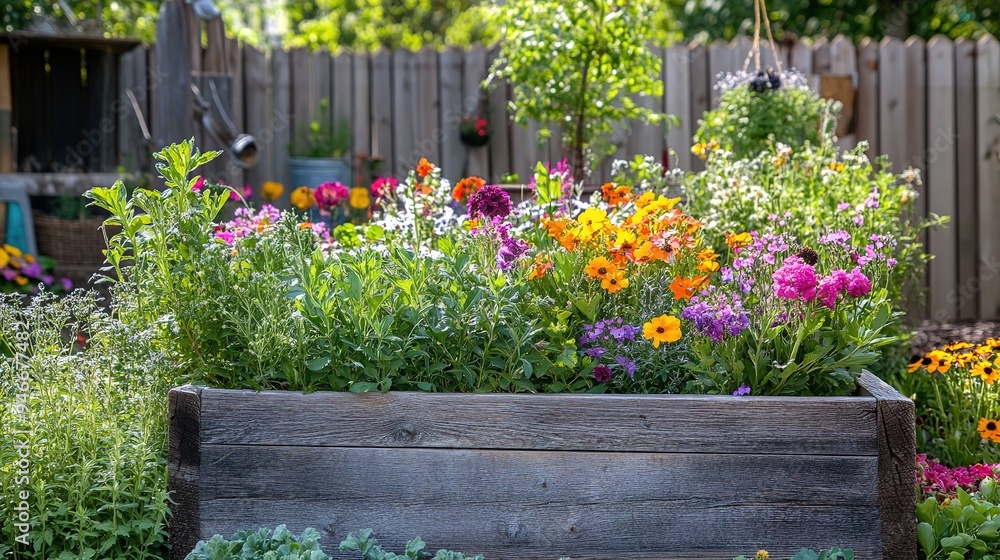 A raised garden bed filled with a mix of colorful flowers and herbs, with a rustic wooden fence and garden decorations in the background A raised garden bed filled with a mix of colorful flowers and herbs, with a rustic wooden fence and garden decorations in the background