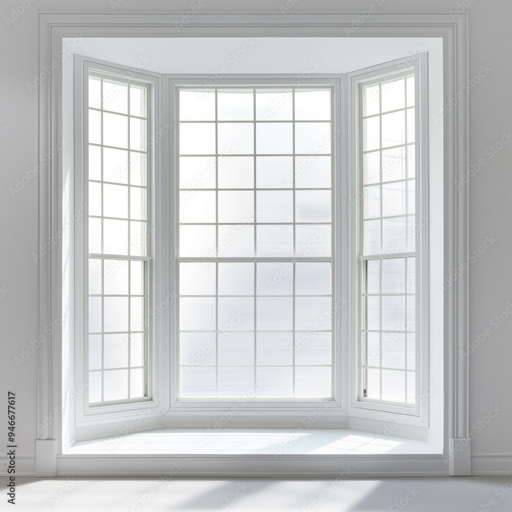 Fototapeta premium Large bay window with white frames and clear glass panes allowing natural light. Empty white room filled with bright, serene atmosphere