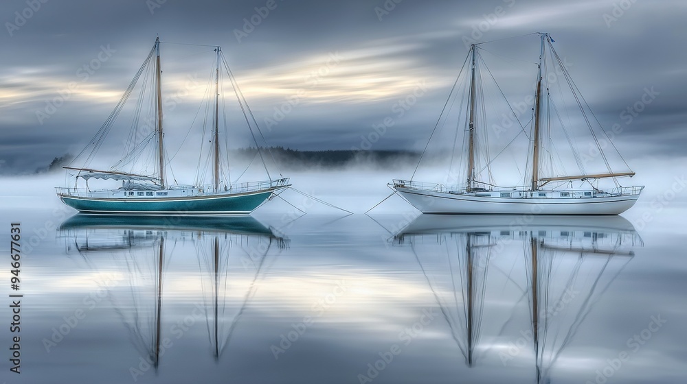 Fototapeta premium A pair of boats bobbing on a watery expanse beneath a hazy sky