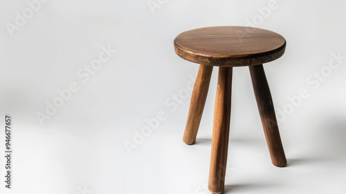 Wooden stool with round seat and three sturdy legs. Dark polished finish enhances rustic charm and simple design