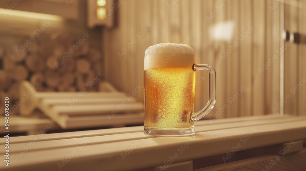 Frosty mug of beer with thick foam on wooden bench in a warmly lit sauna room with wooden walls. Scene captures refreshing and relaxing atmosphere perfect for unwinding Frosty mug of beer with thick foam on wooden bench in a warmly lit sauna room with wooden walls. Scene captures refreshing and relaxing atmosphere perfect for unwinding