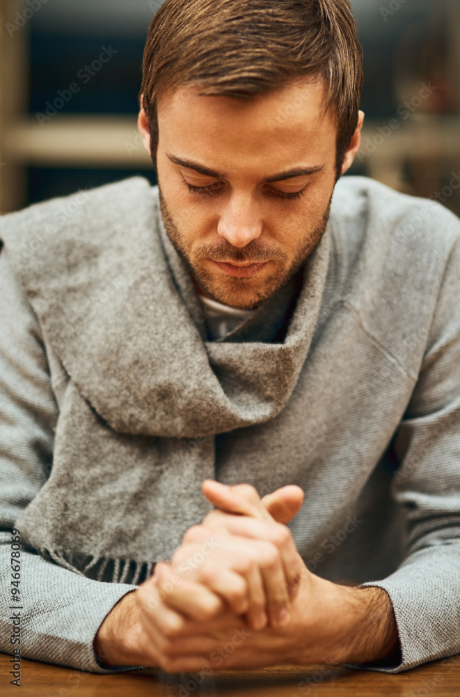 Obraz premium Belief, faith and religion with man praying to God for assistance, guidance or spiritual help. Hope, prayer and trust with Christian person talking to Jesus for confession, inspiration or mindfulness