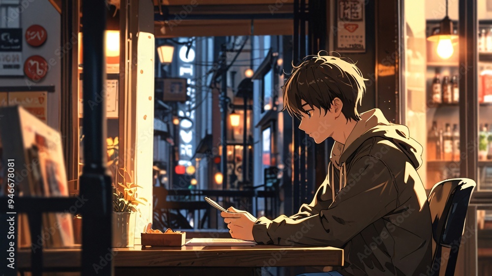 A boy working on his phone while sitting in a vintage cafe A boy working on his phone while sitting in a vintage cafe