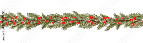 Watercolor Christmas border garland, decorated red holly berry, fir tree branch