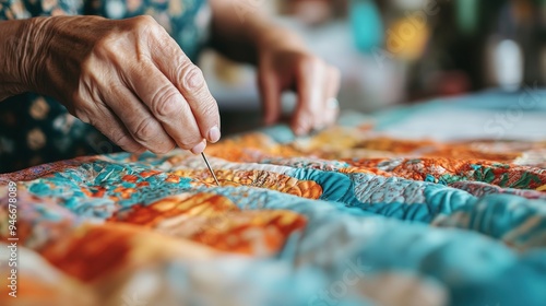 A quilting frame with fabric stretched tight and a quilter using a needle to add decorative stitching to the quilt photo