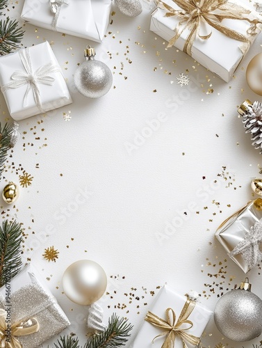 A white background adorned with white gifts tied with gold ribbon, silver and gold ornaments, pine branches, and gold confetti, creating a festive winter scene perfect for holiday greetings or product photo