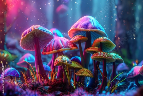 Wallpaper Mural Fantasy forest with glowing mushrooms in vibrant colors. Digital illustration with neon lighting and magical atmosphere. Generative AI Torontodigital.ca