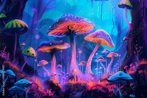 Colorful glowing mushrooms in a dark forest. Digital fantasy illustration with neon colors and surreal atmosphere. Generative AI