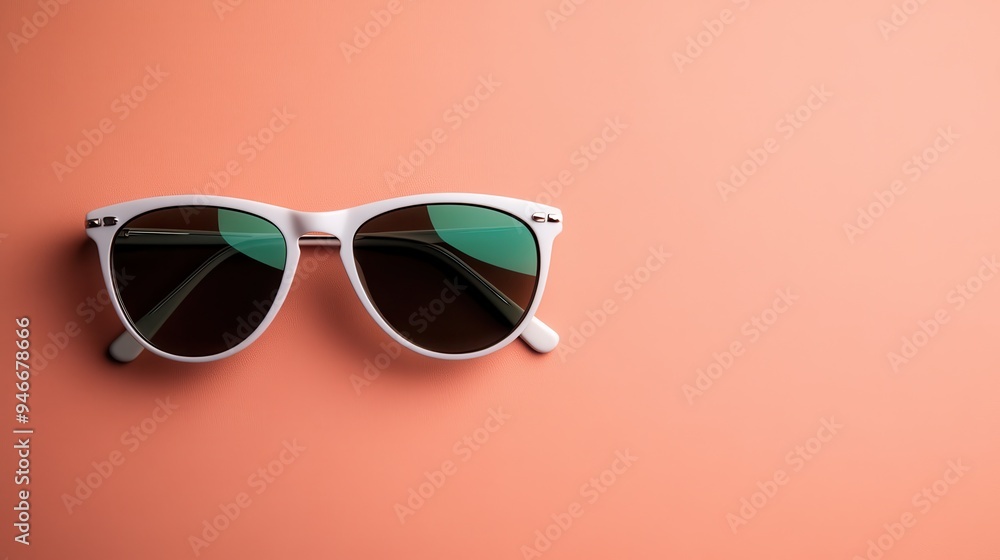 A pair of white-framed sunglasses with dark lenses positioned centrally on a clean, peach-colored backdrop, embodying simplicity, summer vibes, and modern fashion. A pair of white-framed sunglasses with dark lenses positioned centrally on a clean, peach-colored backdrop, embodying simplicity, summer vibes, and modern fashion.