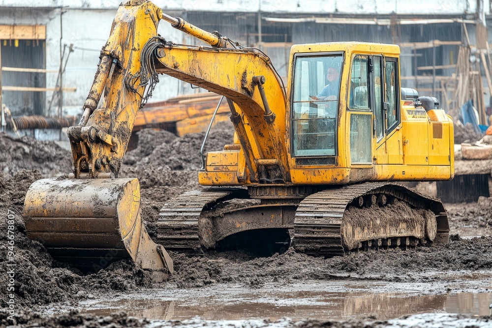 A yellow excavator with its bucket raised, working on a muddy construction site. The excavator is digging into the earth, representing progress, development, and heavy machinery. A yellow excavator with its bucket raised, working on a muddy construction site. The excavator is digging into the earth, representing progress, development, and heavy machinery.