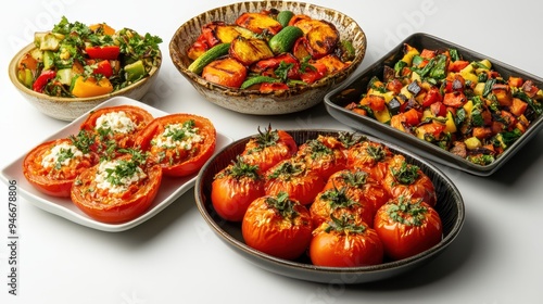 A variety of vegetable dishes, including stuffed tomatoes and mixed salads, invites everyone to enjoy a healthy meal at a casual setting