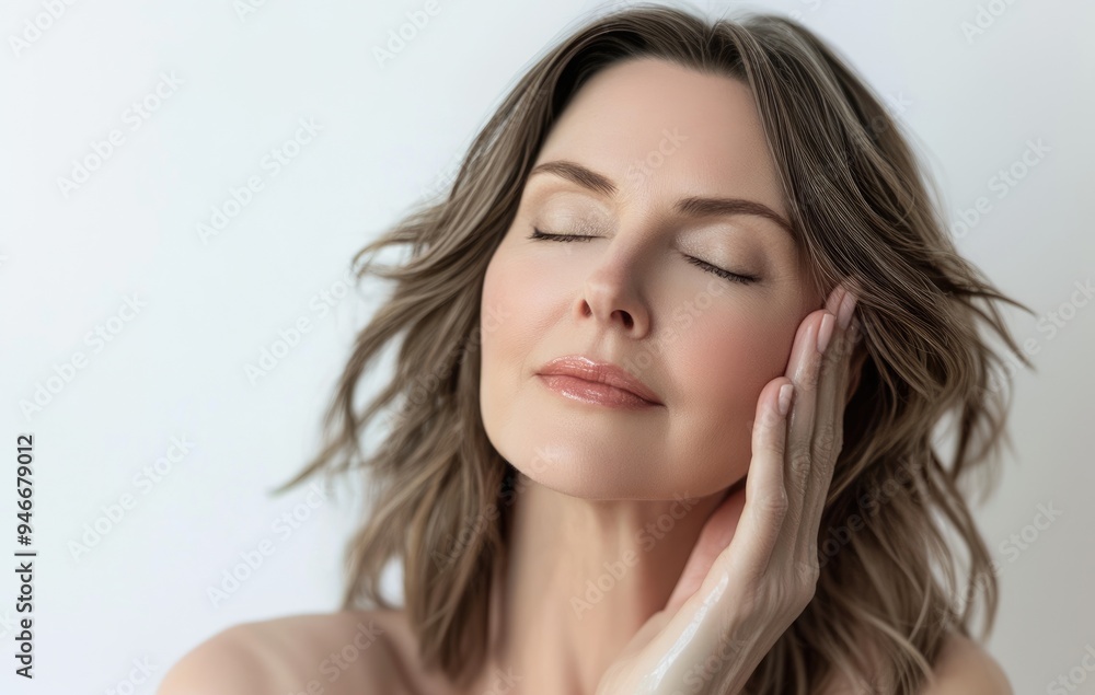 Middle aged woman with brown hair touching her face, eyes closed, smiling, shot on white background with copy space in light pink and beige tones, for advertising a cosmetic product Middle aged woman with brown hair touching her face, eyes closed, smiling, shot on white background with copy space in light pink and beige tones, for advertising a cosmetic product