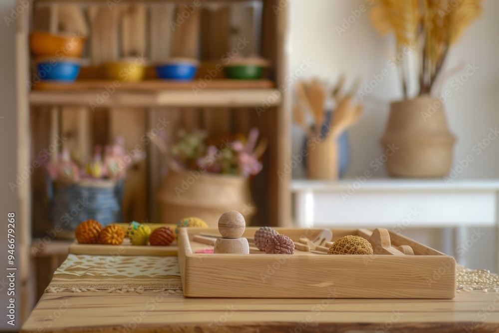 Wooden Montessori toys and natural materials arranged on a table in a cozy, well-lit room with earthy decor. Early childhood education and sensory play environment. Generative AI Wooden Montessori toys and natural materials arranged on a table in a cozy, well-lit room with earthy decor. Early childhood education and sensory play environment. Generative AI