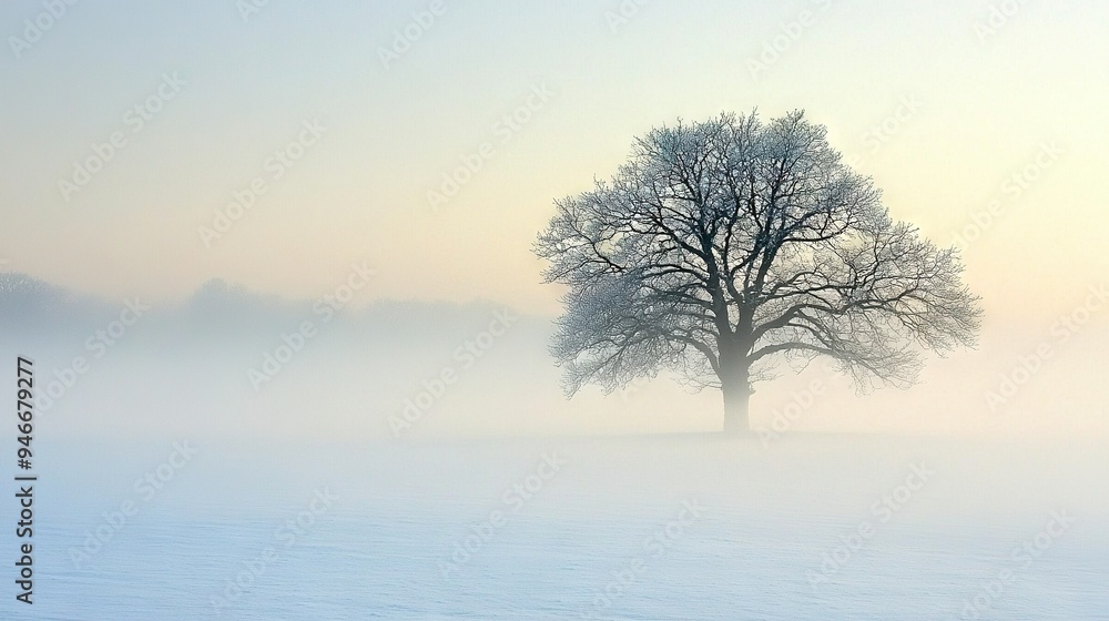 A solitary tree stands amidst a snow-covered field on a foggy morning A solitary tree stands amidst a snow-covered field on a foggy morning