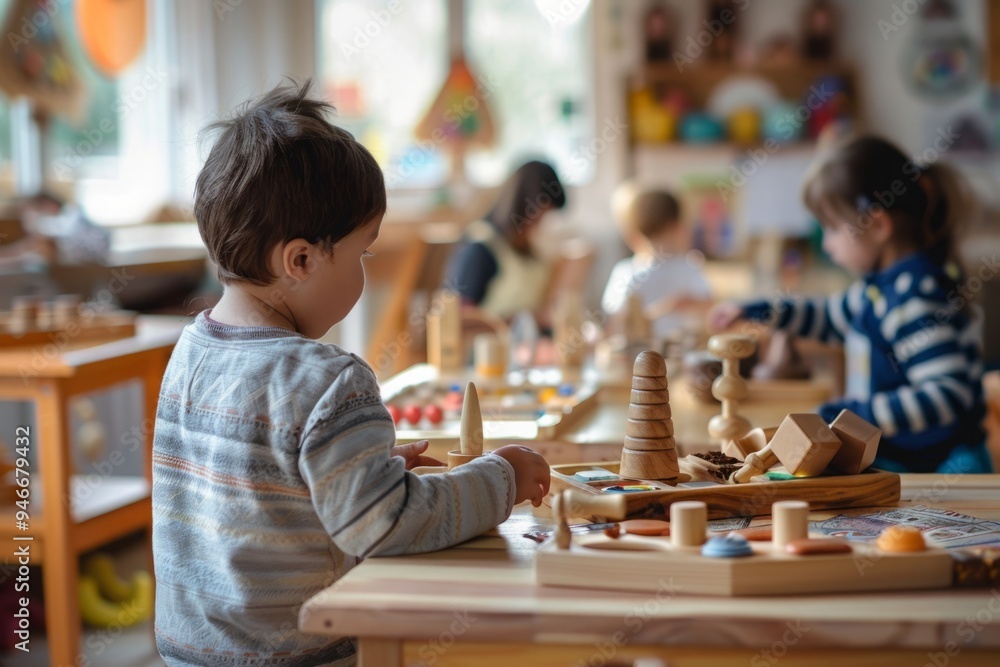 Children engaged in Montessori activities with wooden toys in a classroom setting. Early childhood education and collaborative learning environment. Generative AI Children engaged in Montessori activities with wooden toys in a classroom setting. Early childhood education and collaborative learning environment. Generative AI