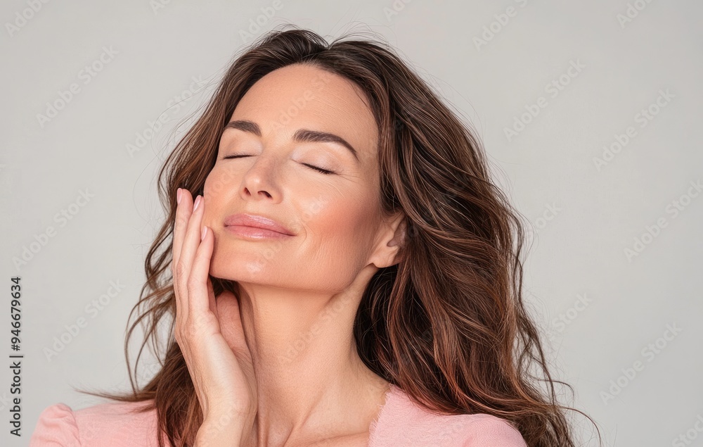 Middle aged woman with brown hair touching her face, eyes closed, smiling, shot on white background with copy space in light pink and beige tones, for advertising a cosmetic product Middle aged woman with brown hair touching her face, eyes closed, smiling, shot on white background with copy space in light pink and beige tones, for advertising a cosmetic product