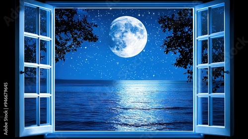   An open window offers a stunning view of the ocean and a full moon shining brightly above, while stars twinkle in the darkened sky