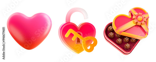 love emoji 3d icons set, 3d render cartoon icon. heart, locker and candy box emoji. valentine’s day icons isolated transparent background.