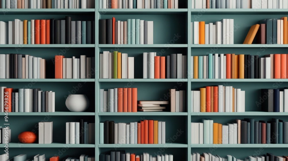 This image features an organized bookshelf that holds a variety of colored books, neatly arranged. The tones of the books create a pleasant visual appeal, providing a sense of order. This image features an organized bookshelf that holds a variety of colored books, neatly arranged. The tones of the books create a pleasant visual appeal, providing a sense of order.