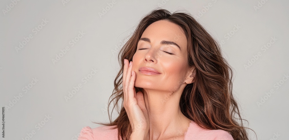 Middle aged woman with brown hair touching her face, eyes closed, smiling, shot on white background with copy space in light pink and beige tones, for advertising a cosmetic product Middle aged woman with brown hair touching her face, eyes closed, smiling, shot on white background with copy space in light pink and beige tones, for advertising a cosmetic product