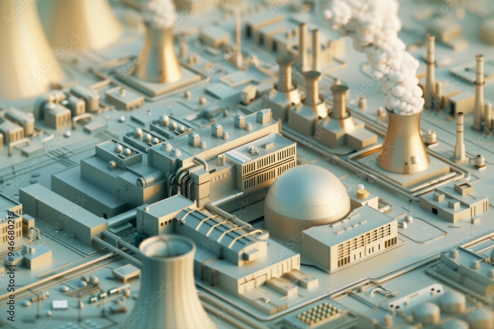3D rendering of a nuclear power plant with cooling towers and reactors in a simplified isometric view. Generative AI 3D rendering of a nuclear power plant with cooling towers and reactors in a simplified isometric view. Generative AI