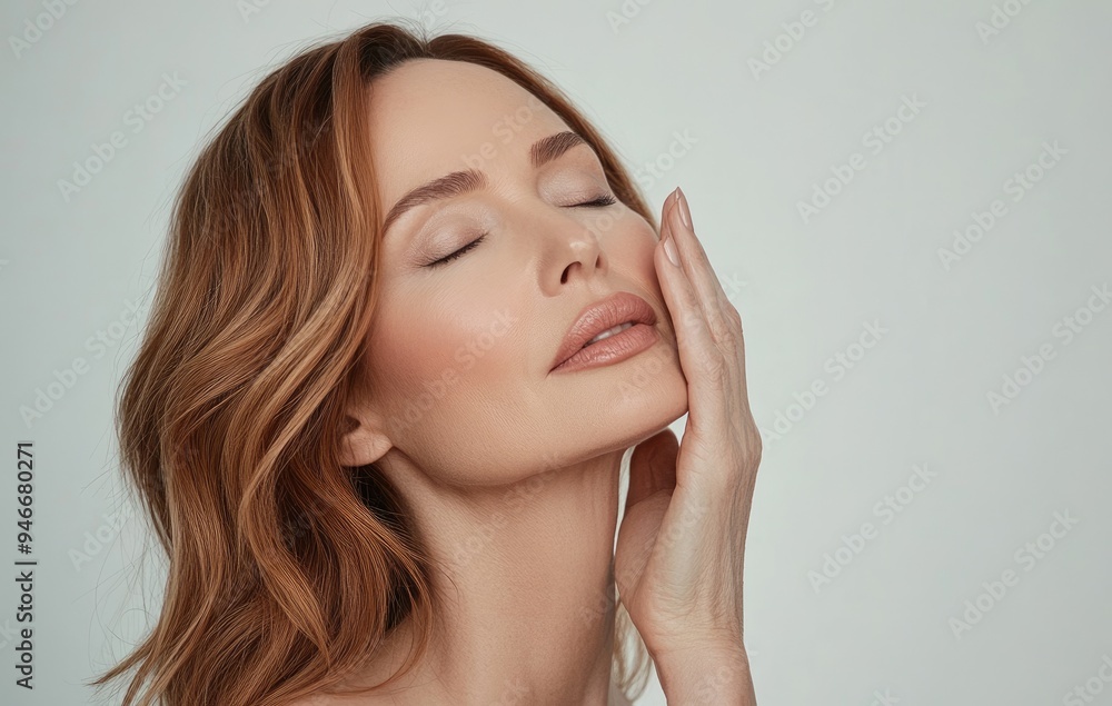 Middle aged woman with brown hair touching her face, eyes closed, smiling, shot on white background with copy space in light pink and beige tones, for advertising a cosmetic product Middle aged woman with brown hair touching her face, eyes closed, smiling, shot on white background with copy space in light pink and beige tones, for advertising a cosmetic product