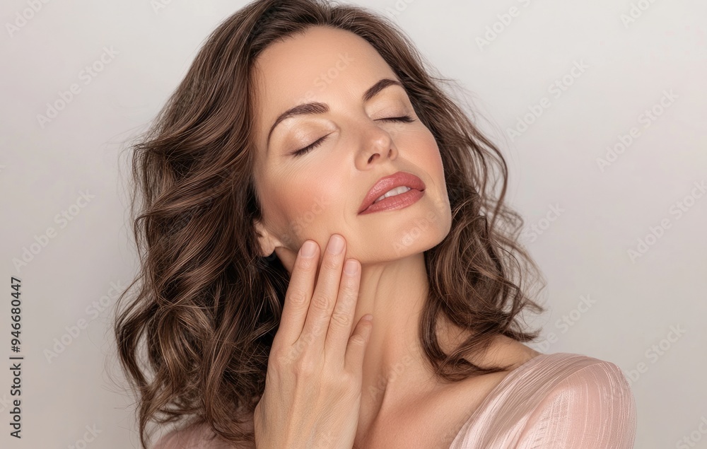 Middle aged woman with brown hair touching her face, eyes closed, smiling, shot on white background with copy space in light pink and beige tones, for advertising a cosmetic product Middle aged woman with brown hair touching her face, eyes closed, smiling, shot on white background with copy space in light pink and beige tones, for advertising a cosmetic product