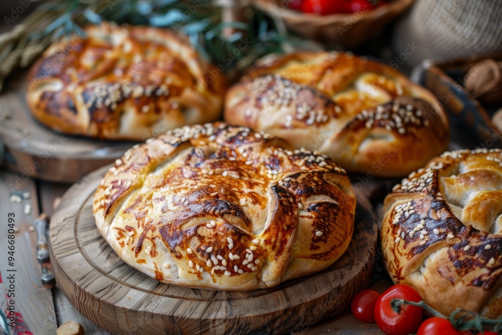 Four round braided breads with sesame seeds on wooden boards. Rustic bread photography for culinary and bakery design. Generative AI Four round braided breads with sesame seeds on wooden boards. Rustic bread photography for culinary and bakery design. Generative AI