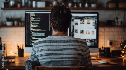A man is sitting at his desk working on two large computer monitors, one showing code and the other displaying a web design mockup in a cozy home office setting.
