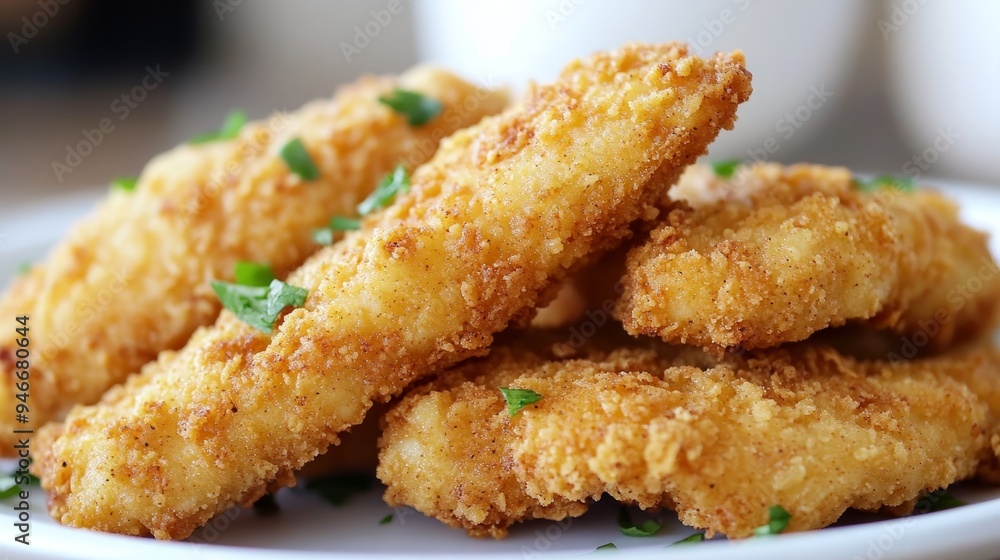 Close-up of crispy breaded chicken strips, perfect for a quick and easy meal. The golden brown coating and juicy chicken are a classic combination, symbolizing comfort, satisfaction, indulgence, and Close-up of crispy breaded chicken strips, perfect for a quick and easy meal. The golden brown coating and juicy chicken are a classic combination, symbolizing comfort, satisfaction, indulgence, and