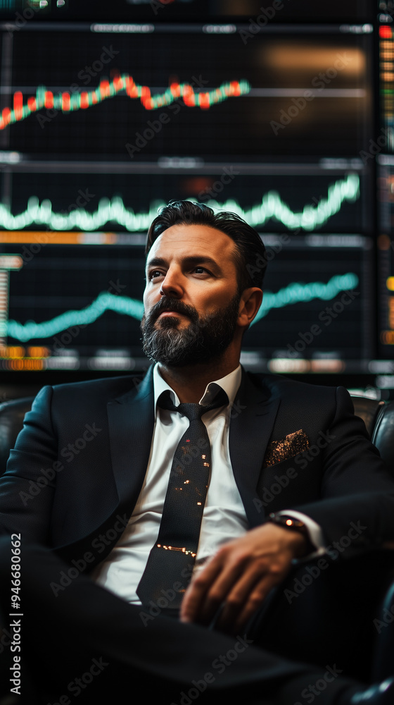 Businessman in suit sitting and gazing at charts on multiple screens, reflecting his success Businessman in suit sitting and gazing at charts on multiple screens, reflecting his success