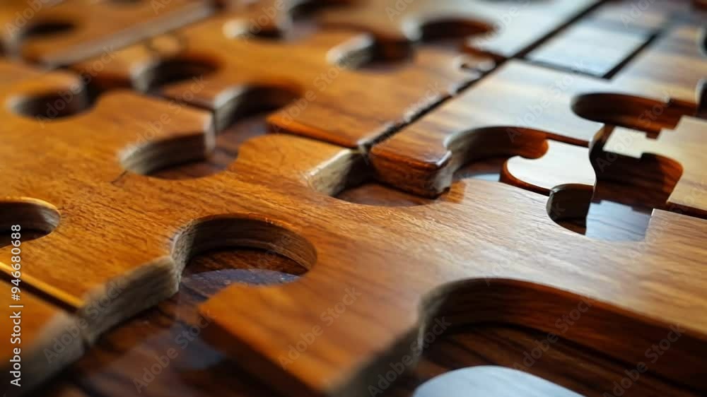 Wooden puzzle pieces scattered on rustic table, warm lighting. Shallow depth of field highlights textures, teamwork. Brown tones, abstract shapes symbolize business success Wooden puzzle pieces scattered on rustic table, warm lighting. Shallow depth of field highlights textures, teamwork. Brown tones, abstract shapes symbolize business success