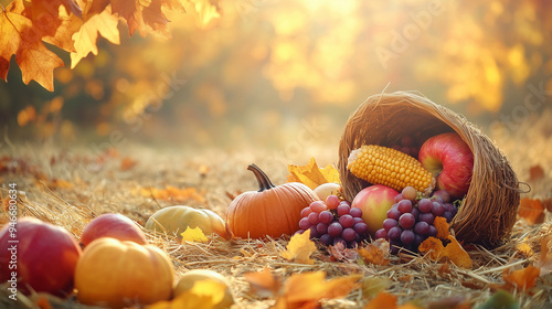 A vibrant autumn harvest scene with a cornucopia filled with pumpkins, apples, grapes, and corn, overflowing onto a bed of hay, soft sunlight filtering through golden leaves in the background photo