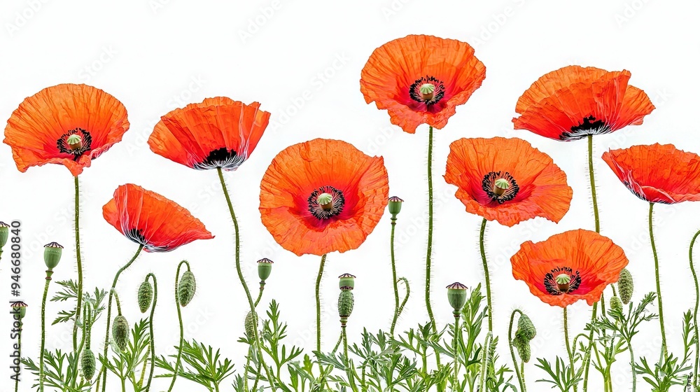 Obraz premium A group of red blossoms resting against a white backdrop amidst a green expanse