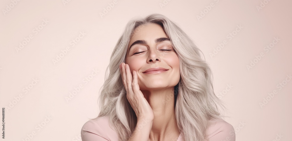 Middle aged woman with blond hair touches her face, eyes closed, she smiles, for cosmetic product advertisement, shot on white background with copy space in light pink and beige tones. Middle aged woman with blond hair touches her face, eyes closed, she smiles, for cosmetic product advertisement, shot on white background with copy space in light pink and beige tones.